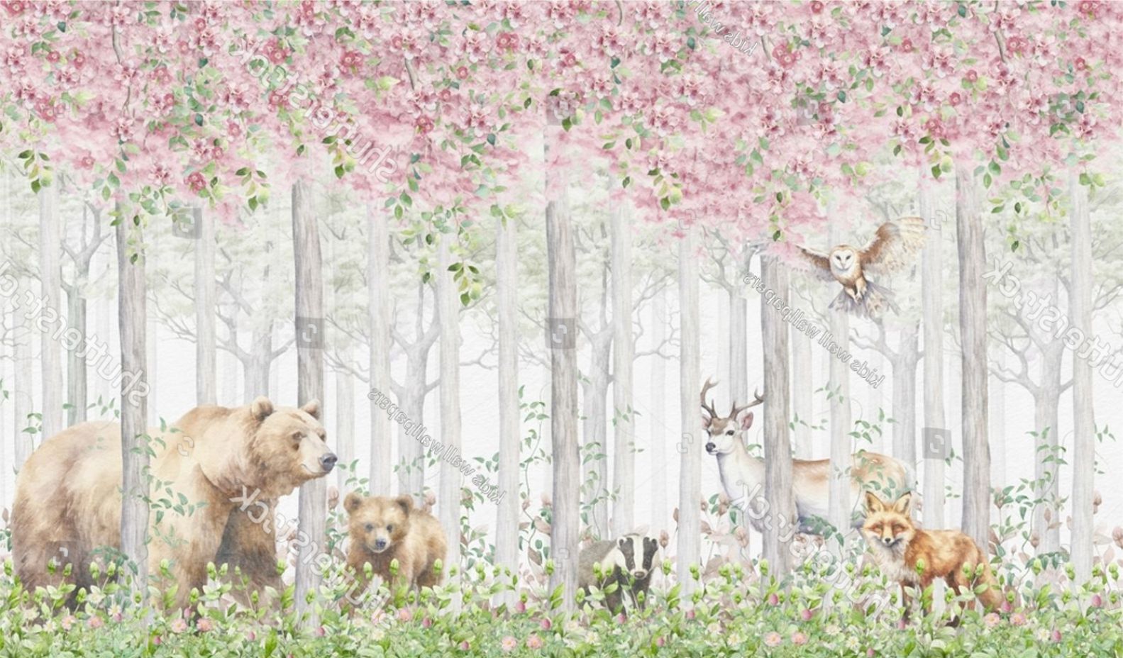 PAPEL DE PAREDE FLORESTA DE ARVORE CEREJEIRA COM ANIMAIS
