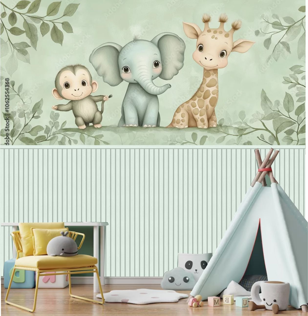 PAPEL DE PAREDE SAFARI ANIMAIS COM RIPADO VERDE
