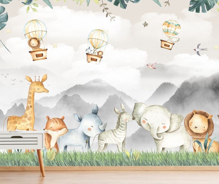 PAPEL DE PAREDE ANIMAIS SAFARI COM MONTANHAS AQUARELA