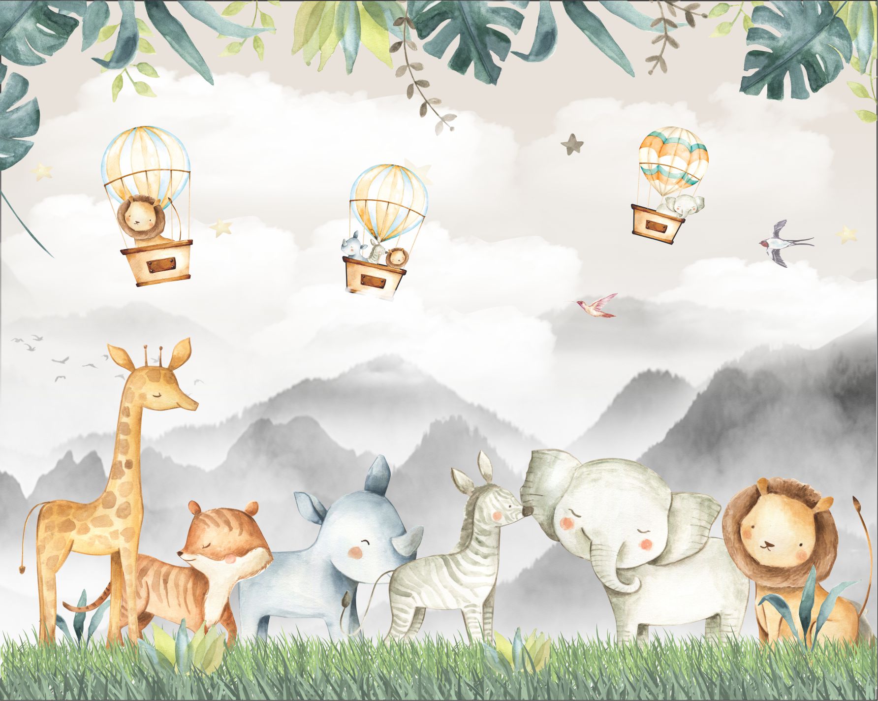PAPEL DE PAREDE ANIMAIS SAFARI COM MONTANHAS AQUARELA