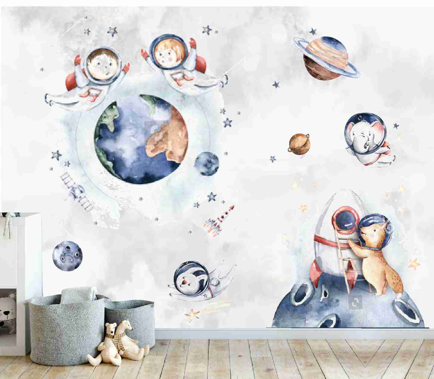 PAPEL PAREDE ASTRONAUTA ANIMAIS ESPAÇO COM PLANETAS