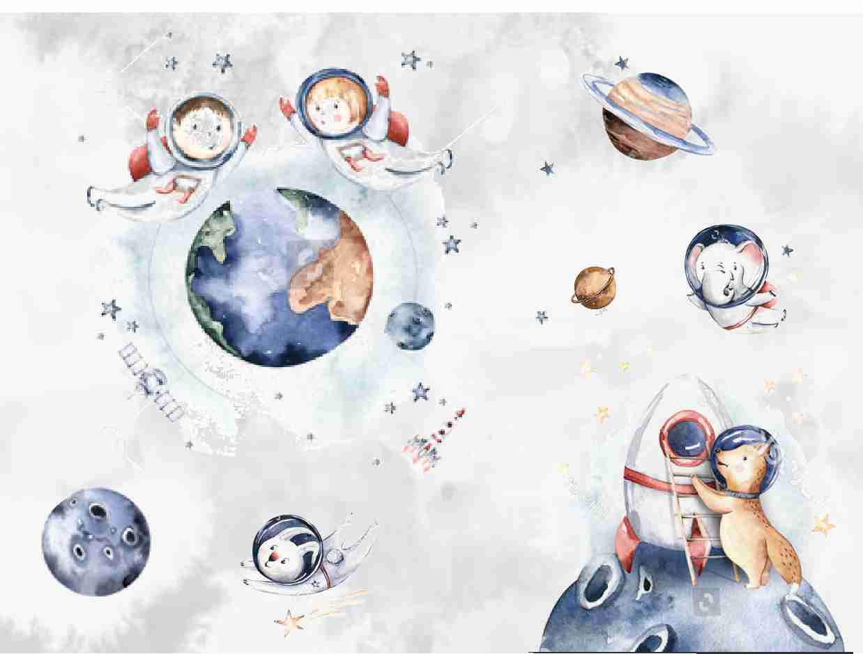 PAPEL PAREDE ASTRONAUTA ANIMAIS ESPAÇO COM PLANETAS