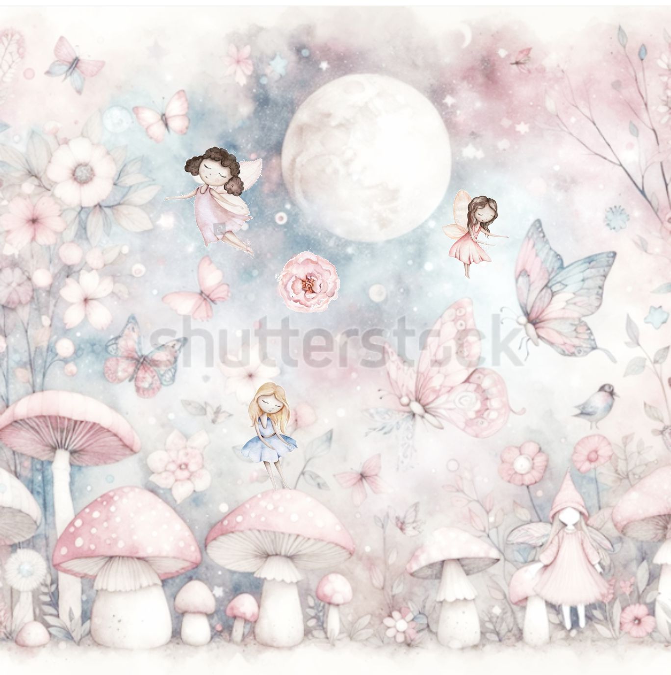 PAPEL DE PAREDE JARDIM DE FADAS - FADINHAS AQUARELA COM BORBOLETAS E COGUMELOS
