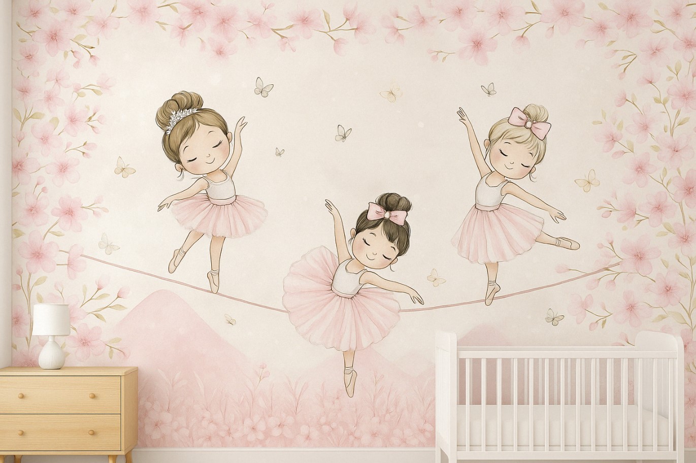 PAPEL DE PAREDE BAILARINAS COM FLORES ROSAS AQUARELA BALET