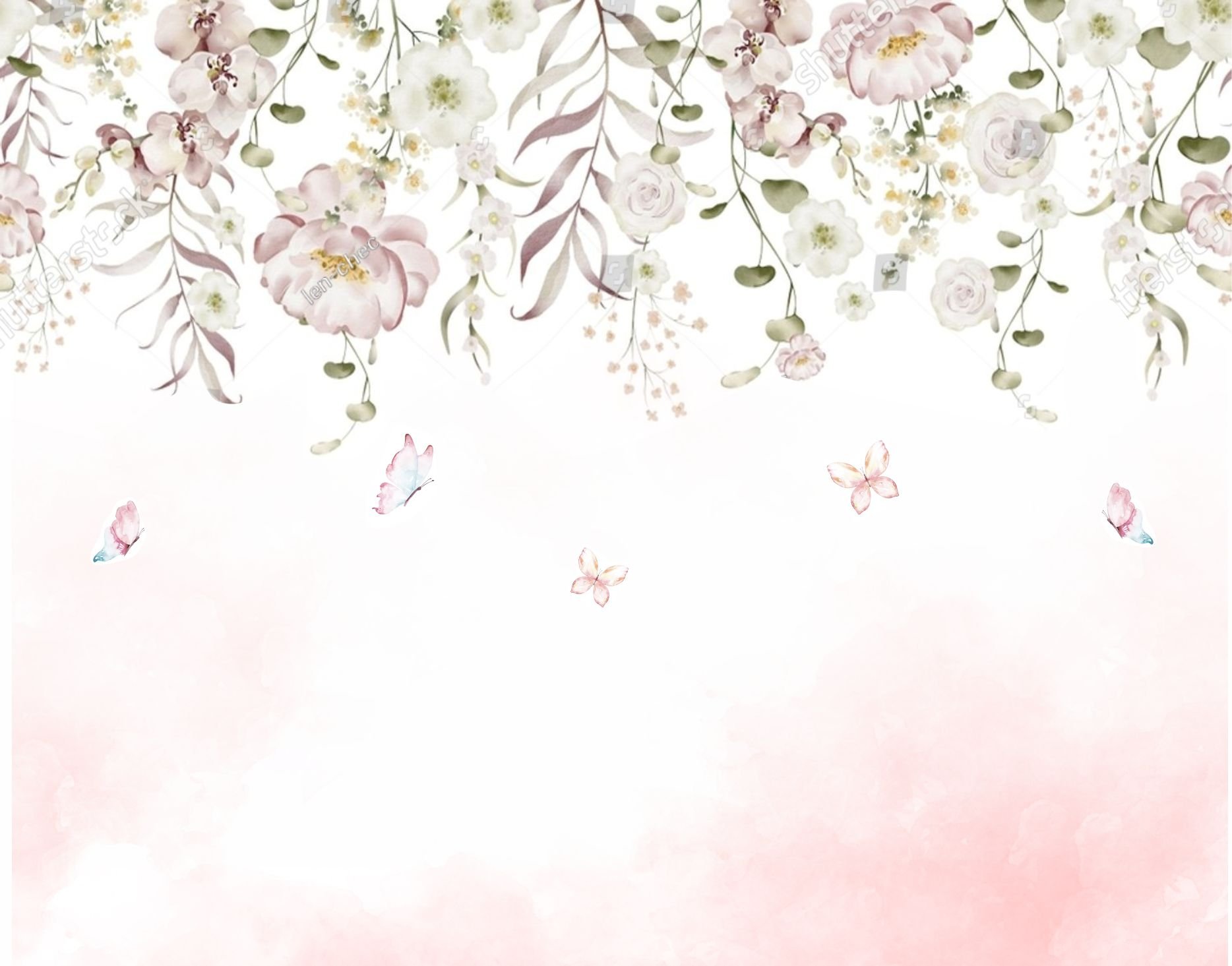 PAPEL DE PAREDE FLORES E ROSAS SAINDO DO TETO AQUARELA