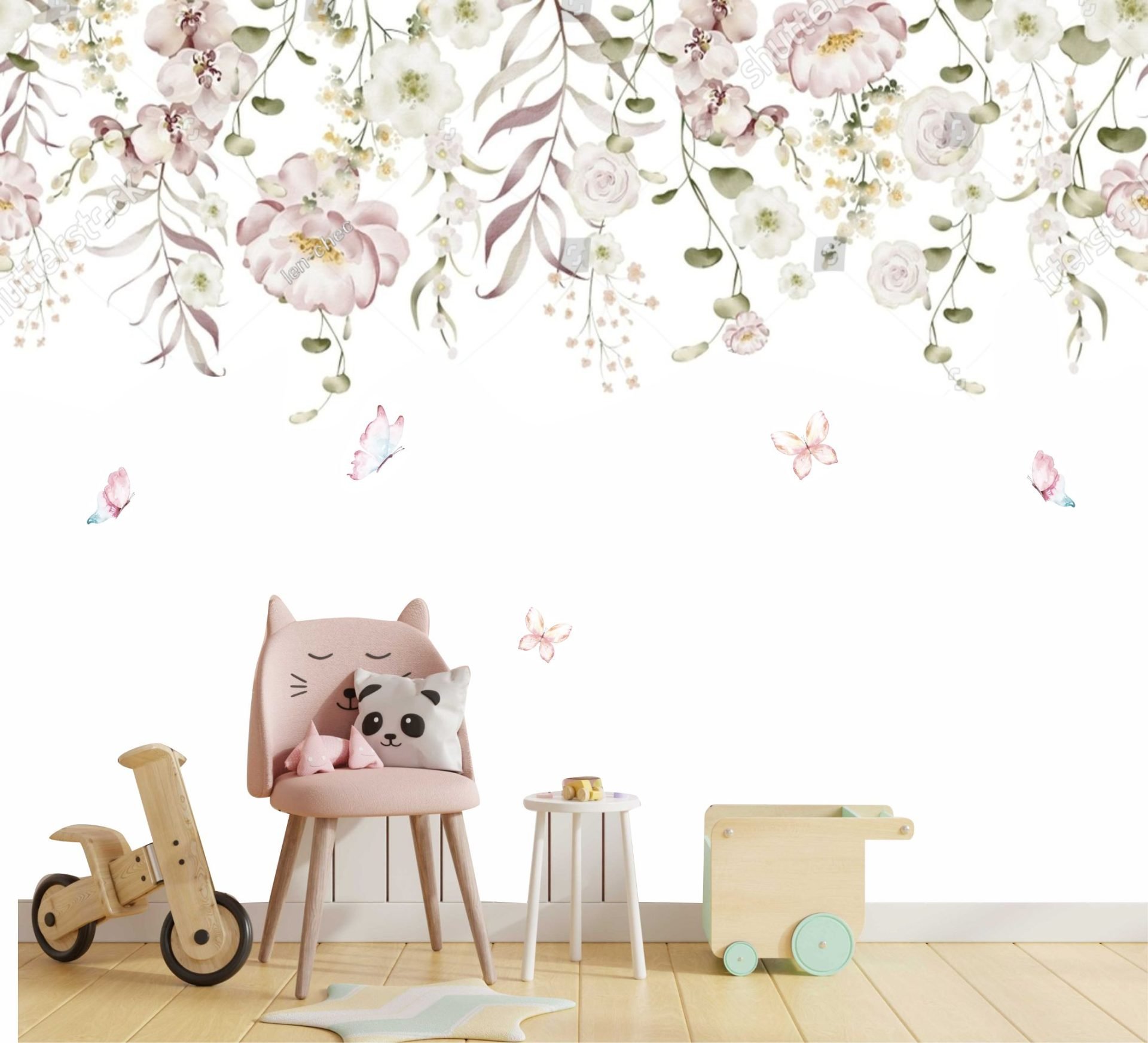 PAPEL DE PAREDE FLORES E ROSAS SAINDO DO TETO AQUARELA