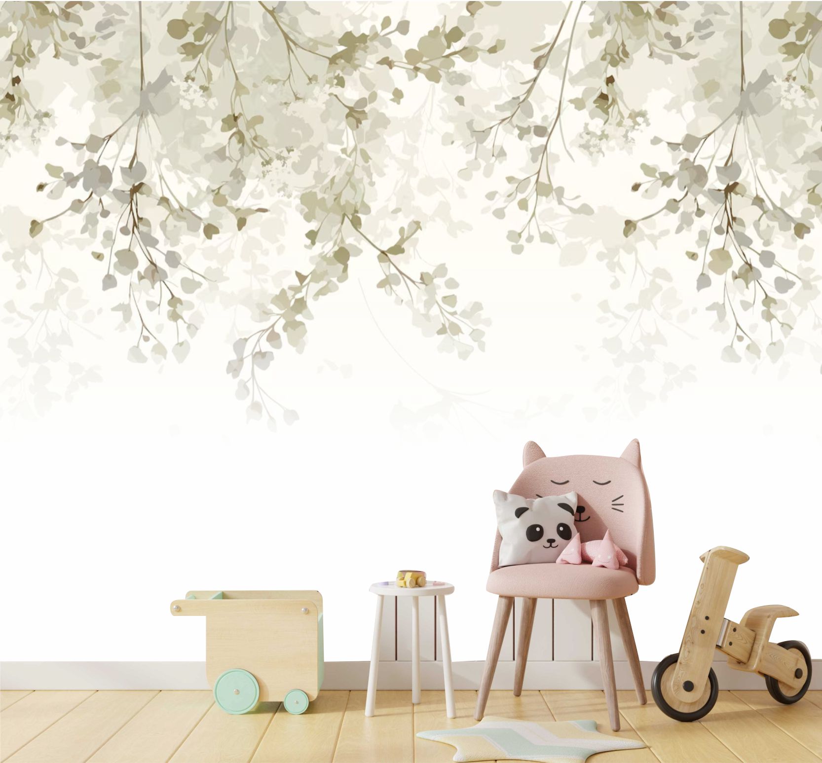 PAPEL PAREDE FLORAL FOLHAS CAINDO AQUARELA TONS DE VERDE