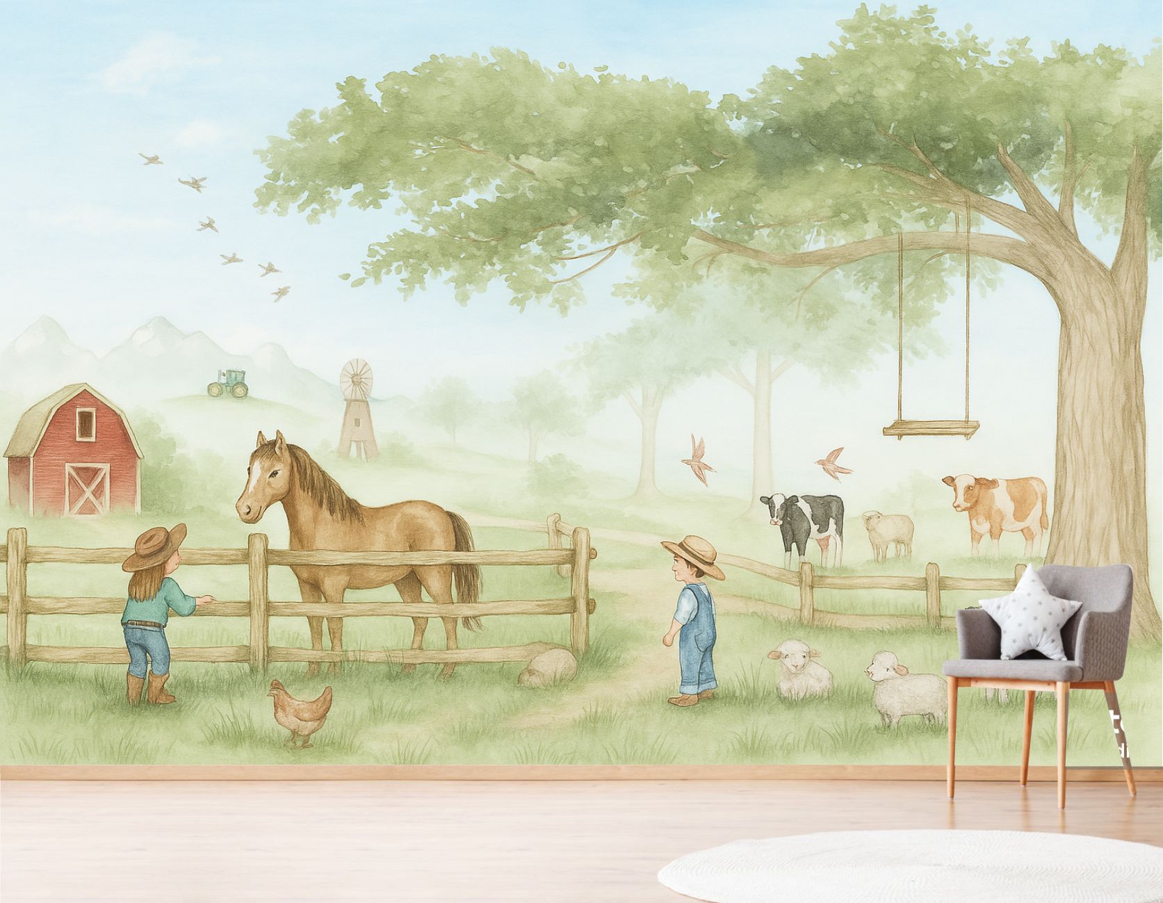 PAPEL PAREDE FAZENDA AQUARELA COM CAVALO MENINO E MENINA