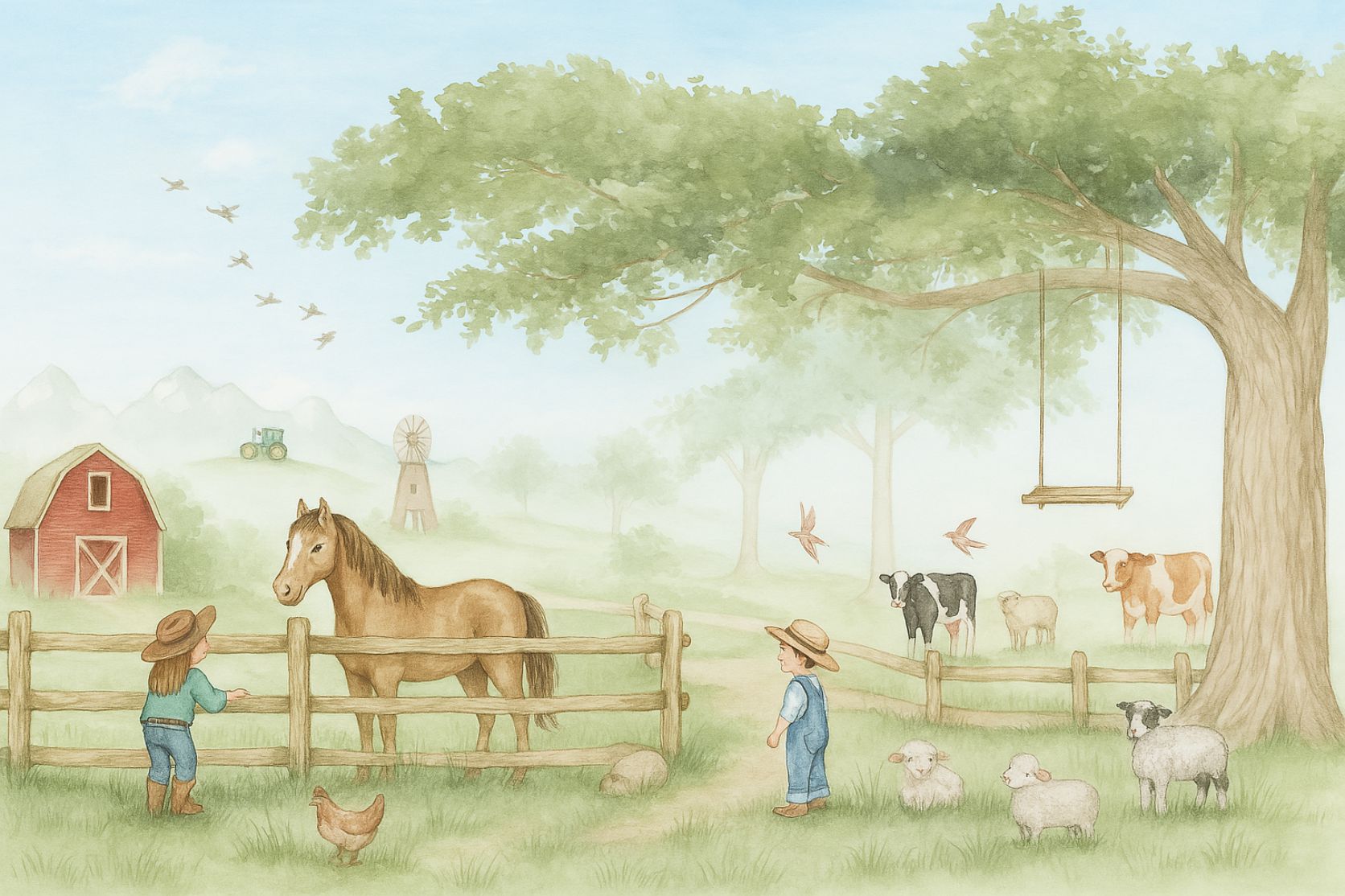 PAPEL PAREDE FAZENDA AQUARELA COM CAVALO MENINO E MENINA