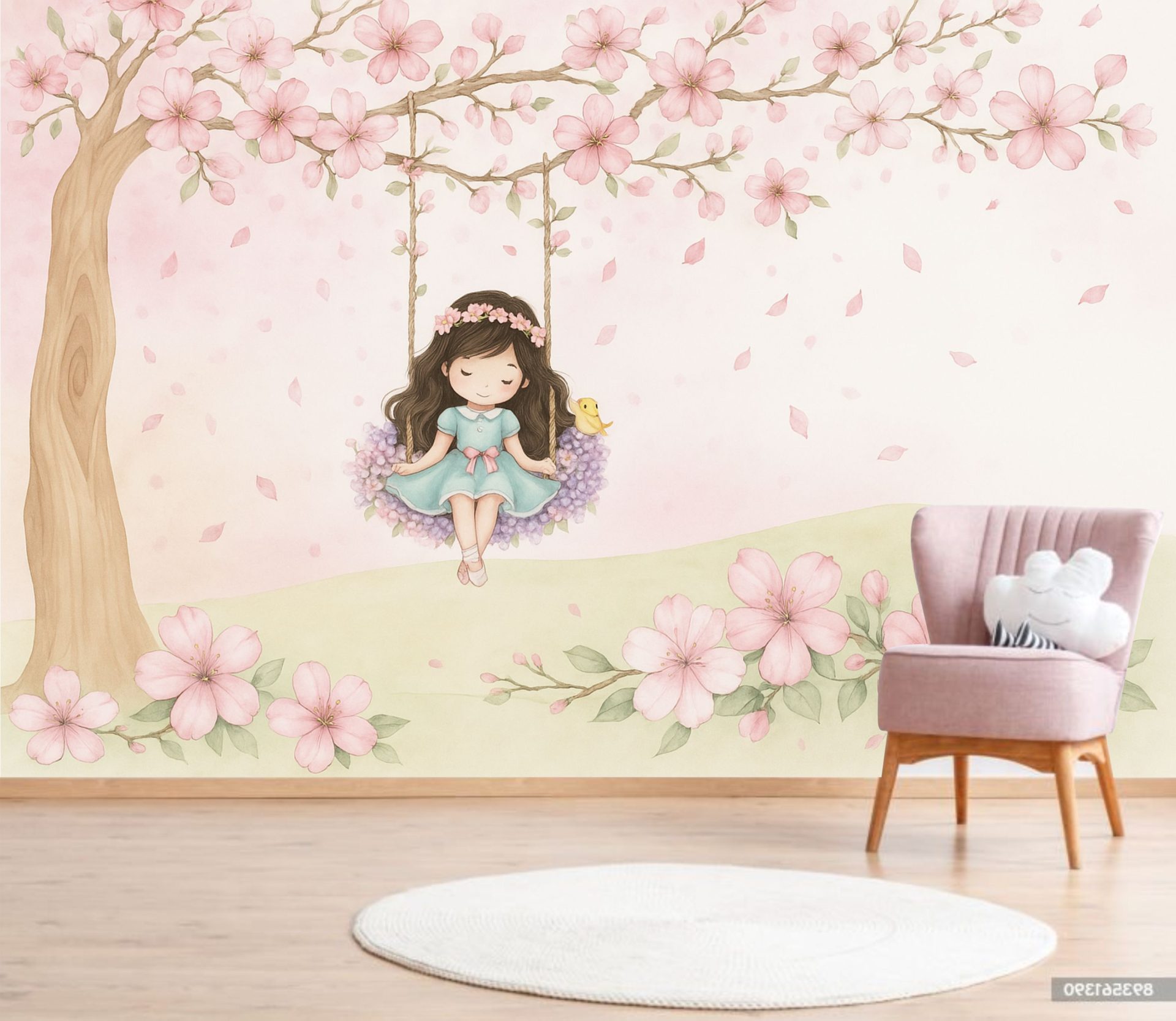 PAPEL PAREDE MENINA NO BALANÇO AQUARELA COM ARVORE E BORBOLETAS
