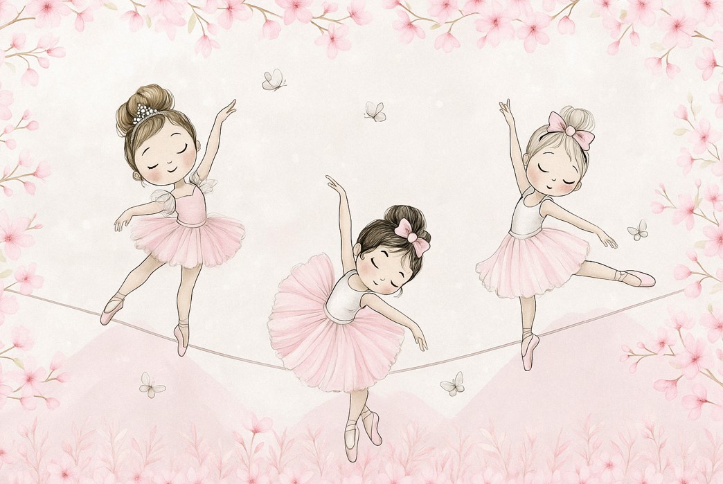 PAPEL DE PAREDE BAILARINAS COM FLORES ROSAS AQUARELA BALET