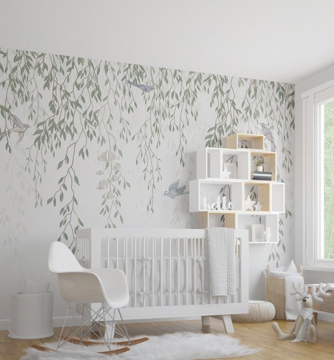 PAPEL PAREDE FLORAL FOLHAS COM PASSAROS AQUARELA CAINDO TETO