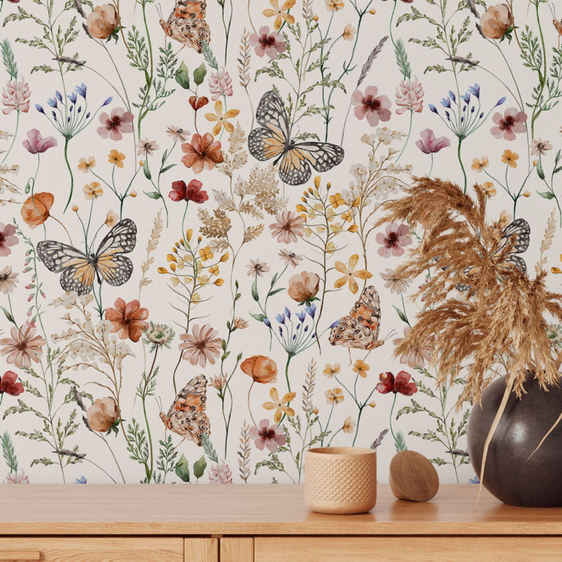 PAPEL DE PAREDE JARDIM FLORES BORBOLETAS FLORAL