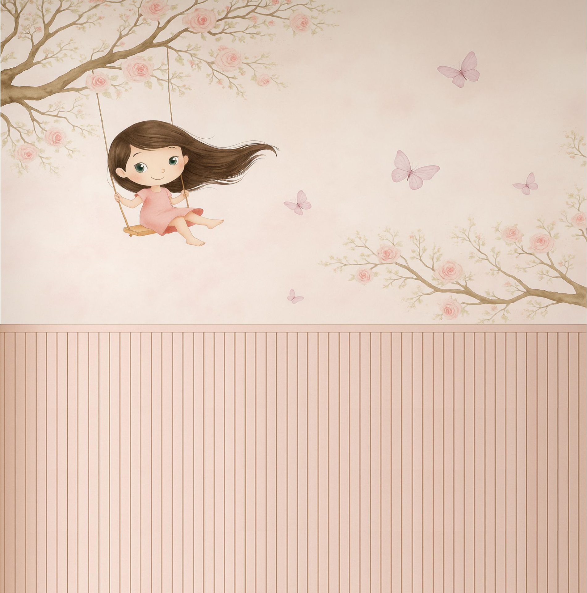 PAPEL PAREDE MENINA NO BALANÇO COM RIPADO ROSA