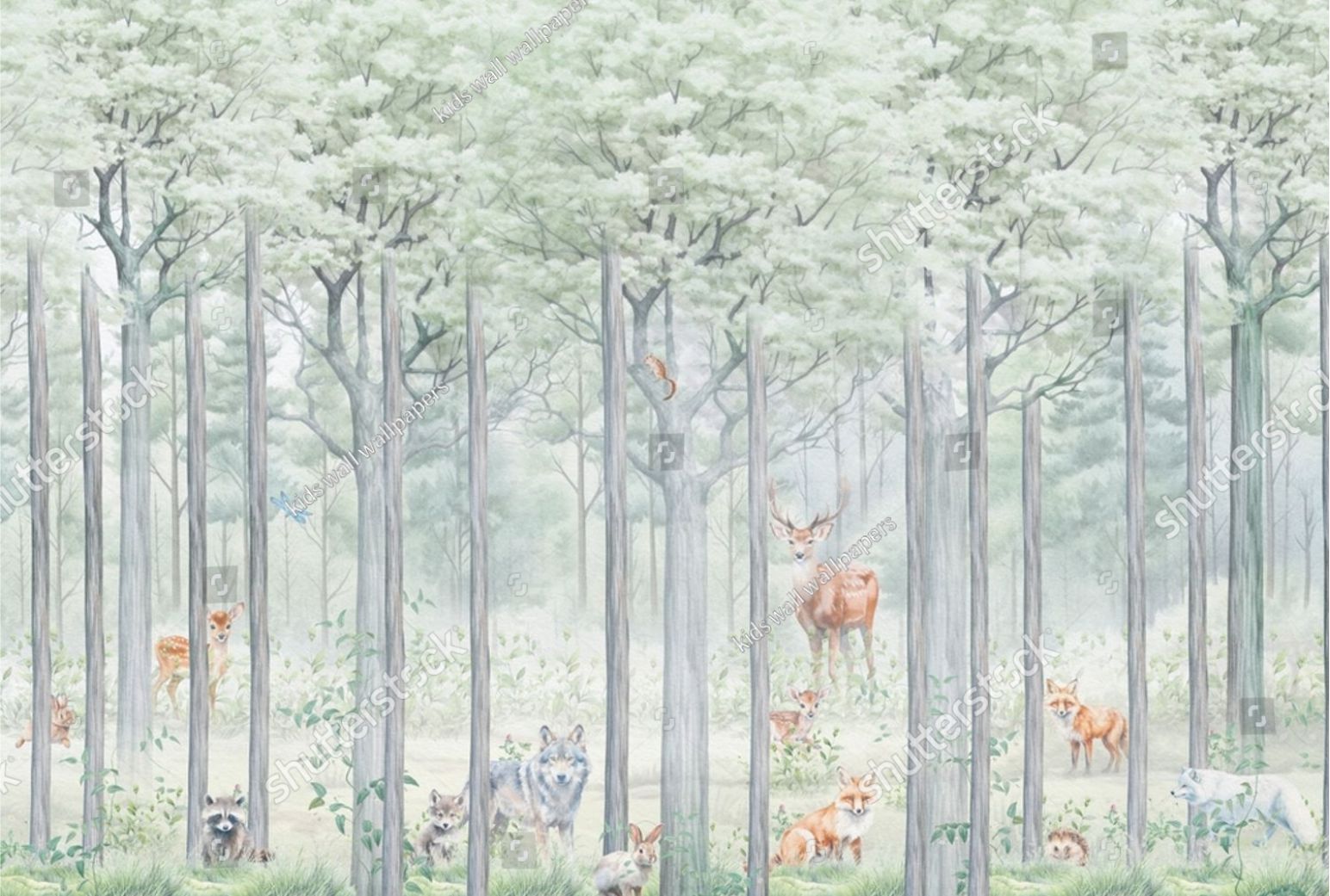PAPEL DE PAREDE FLORESTA COM ANIMAIS AQUARELA