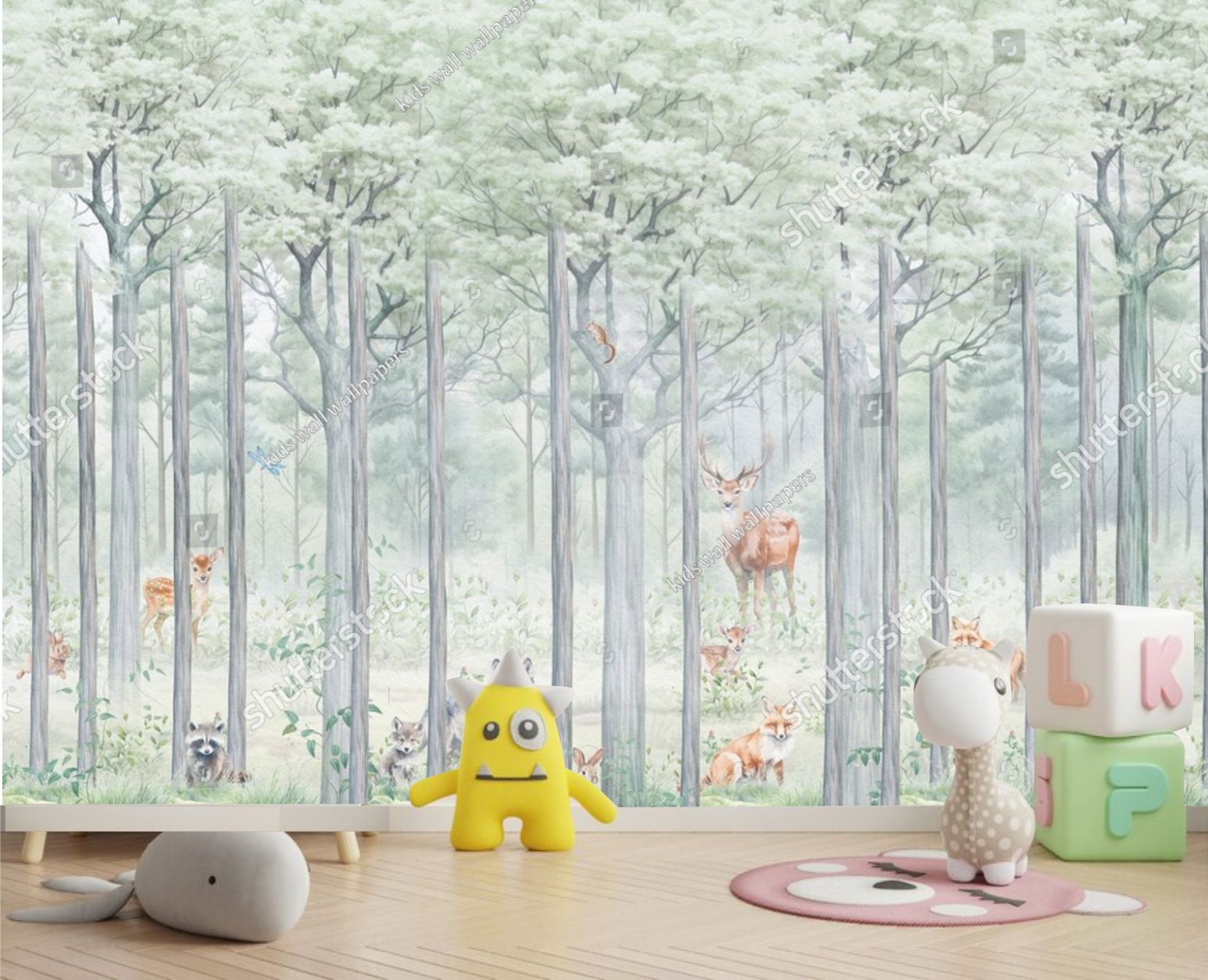 PAPEL DE PAREDE FLORESTA COM ANIMAIS AQUARELA