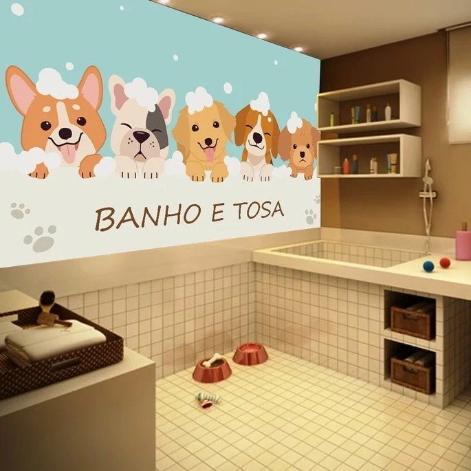 PAPEL PAREDE PETSHOP BANHO E TOSA