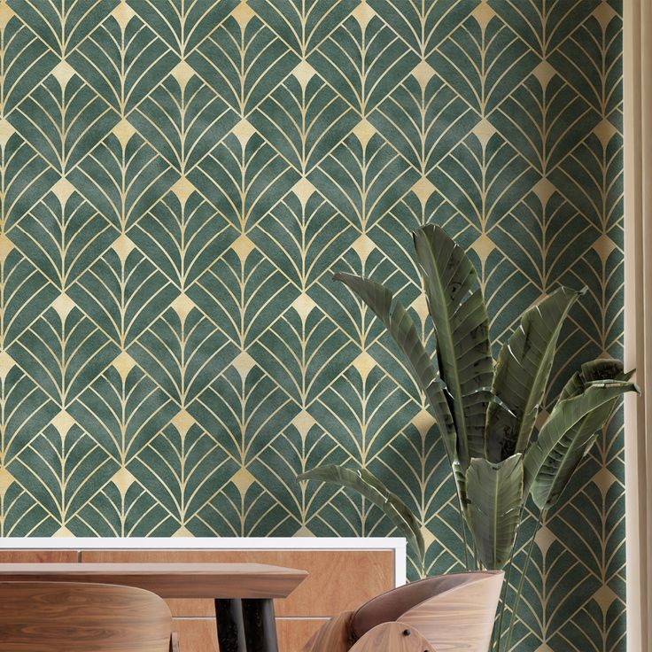 PAPEL PAREDE VINTAGE ABSTRATO VERDE COM DOURADO