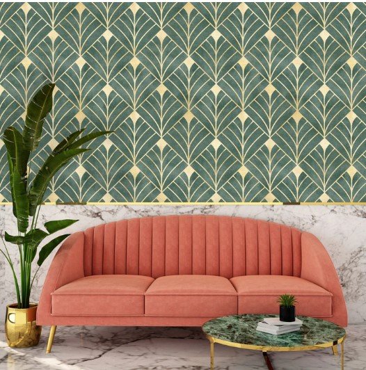 PAPEL PAREDE VINTAGE ABSTRATO VERDE COM DOURADO