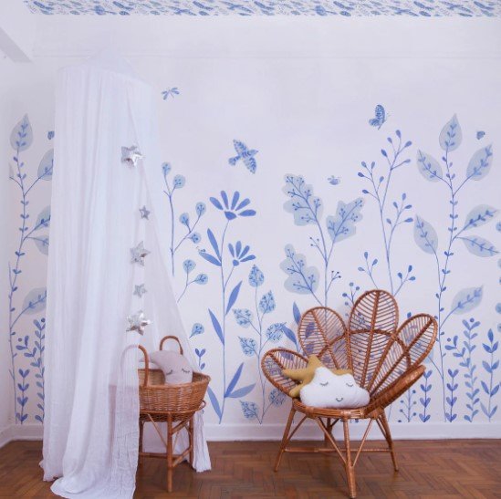 PAPEL PAREDE FLORAL ARABESCO TONS DE AZUL