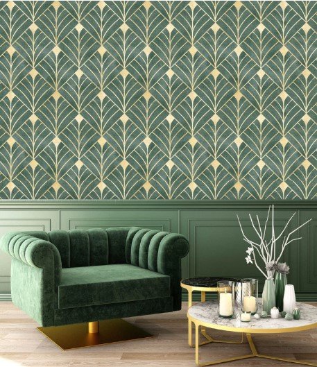 PAPEL PAREDE VINTAGE ABSTRATO VERDE COM DOURADO