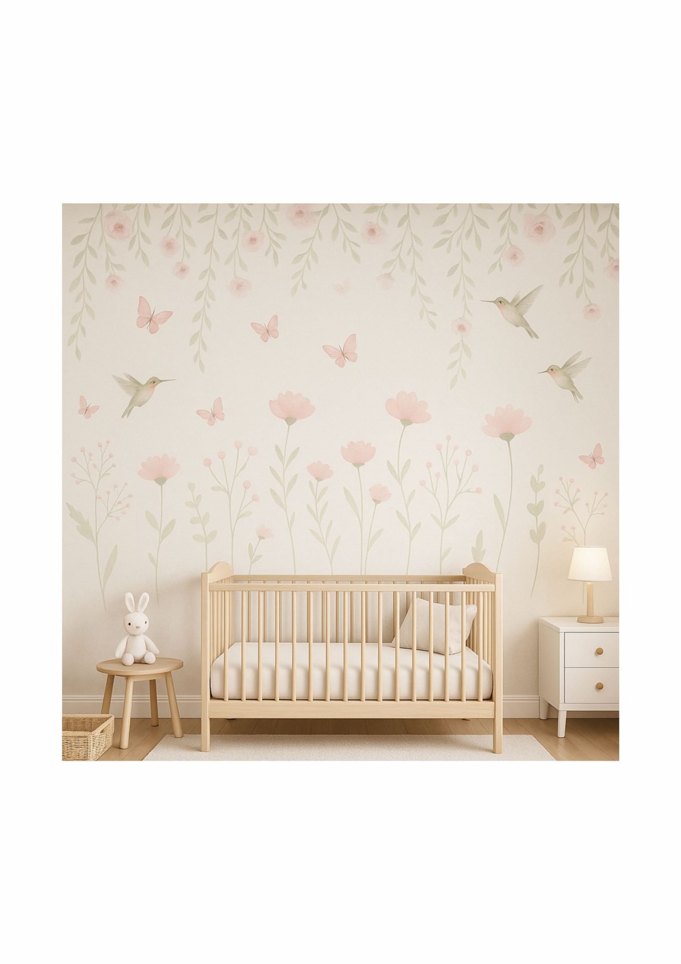 PAPEL PAREDE FLORES JARDIM COM BORBOLETAS E PASSAROS