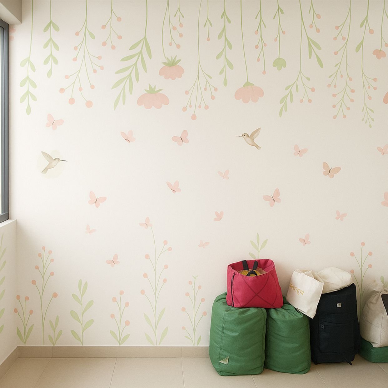 PAPEL DE PAREDE FLORES JARDIM COM BORBORLETAS E PASSAROS