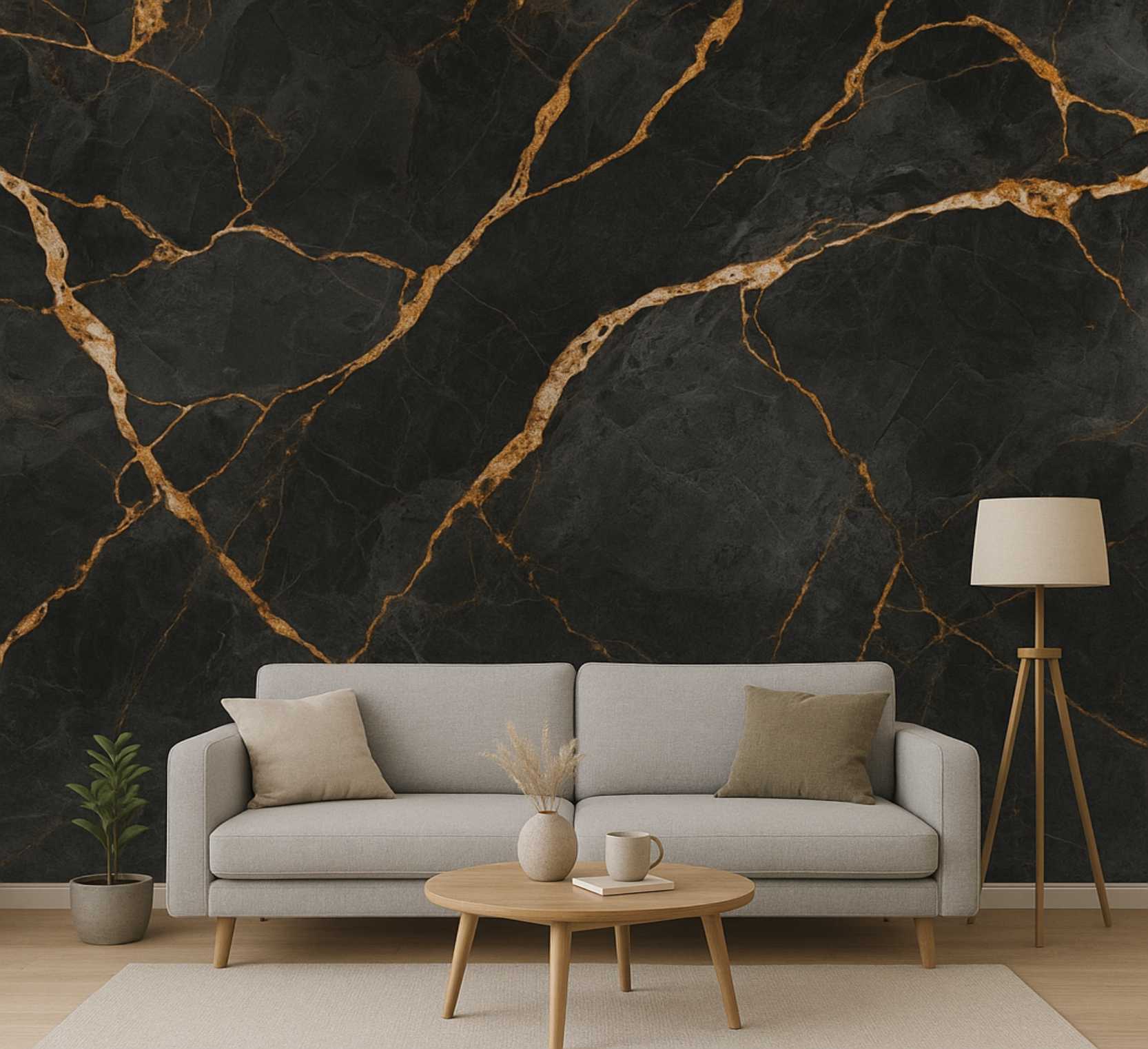 PAPEL PAREDE MARMORE PRETO COM DOURADO CINZA