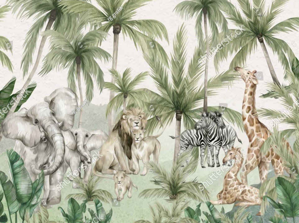 PAPEL PAREDE SAFARI ANIMAS NA FLORESTA AQUARELA