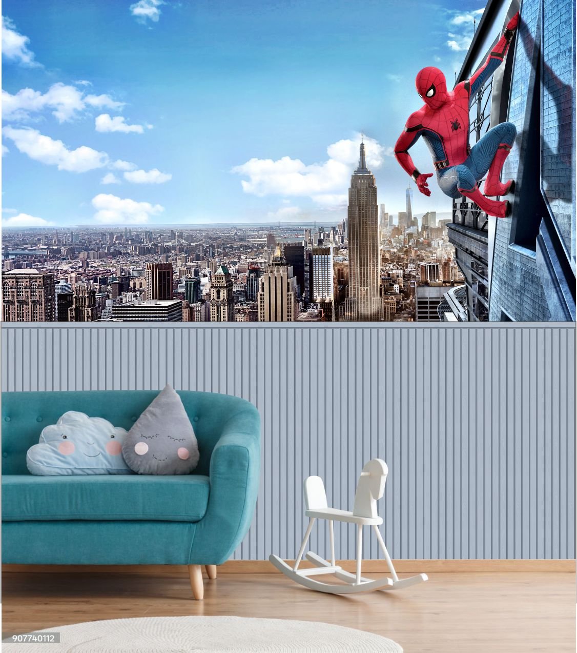 PAPEL DE PAREDE HOMEM ARANHA COM RIPADO IMITANDO MADEIRA AZUL