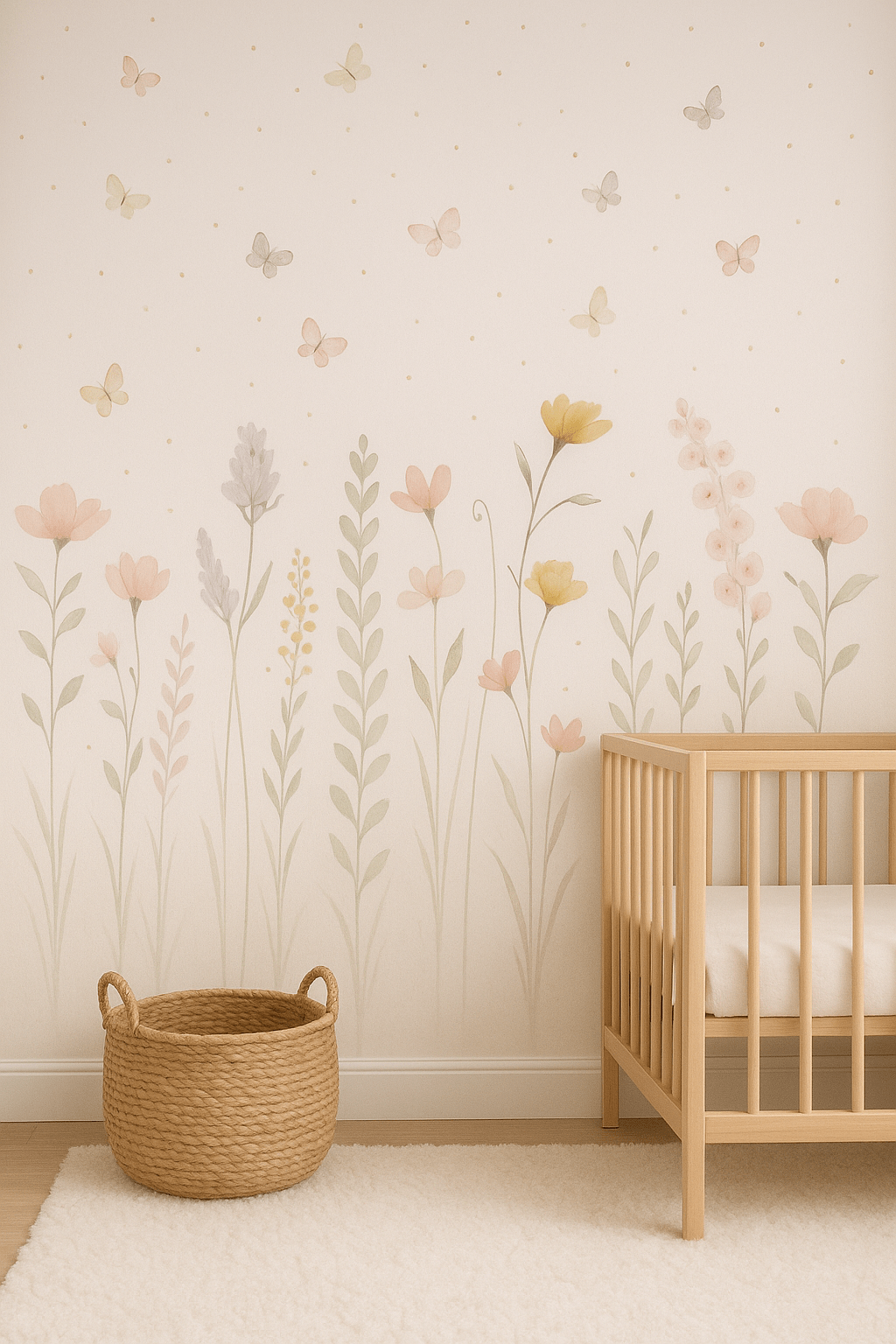 PAPEL PARDE JARDIM COM FLORES E BORBOLETAS AQUARELA