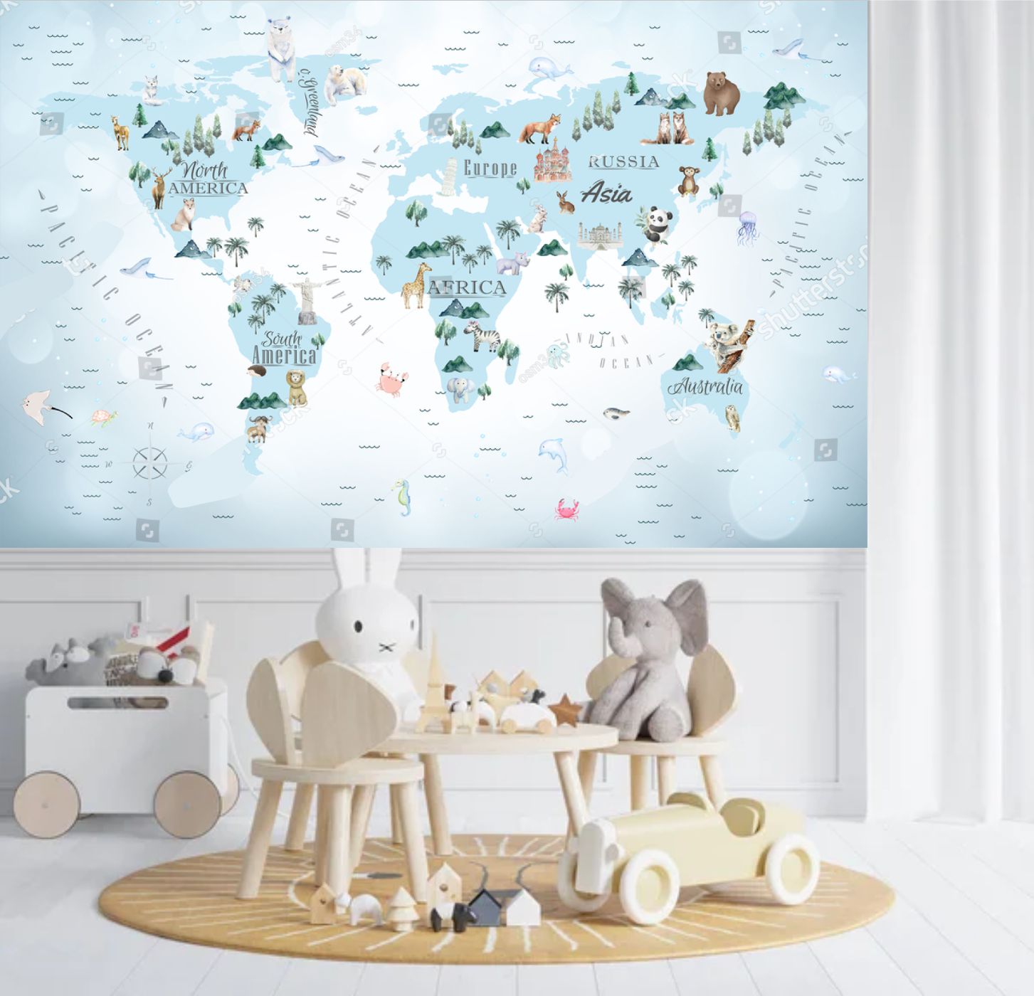 PAPEL PAREDE MAPA MUNDI COM ANIMAIS FUNDO AZUL AQUARELA