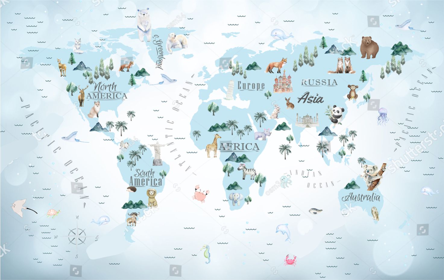 PAPEL PAREDE MAPA MUNDI COM ANIMAIS FUNDO AZUL AQUARELA