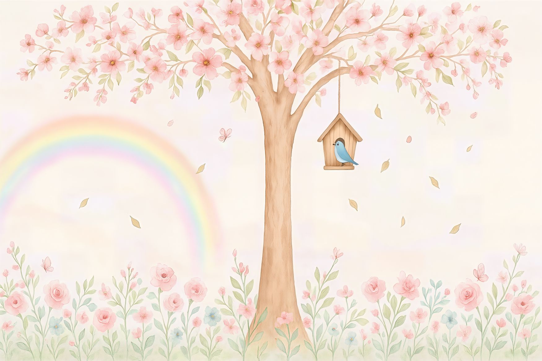 PAPEL PAREDE ARVORE COM ARCOIRIS E BORBOLETAS FLORES