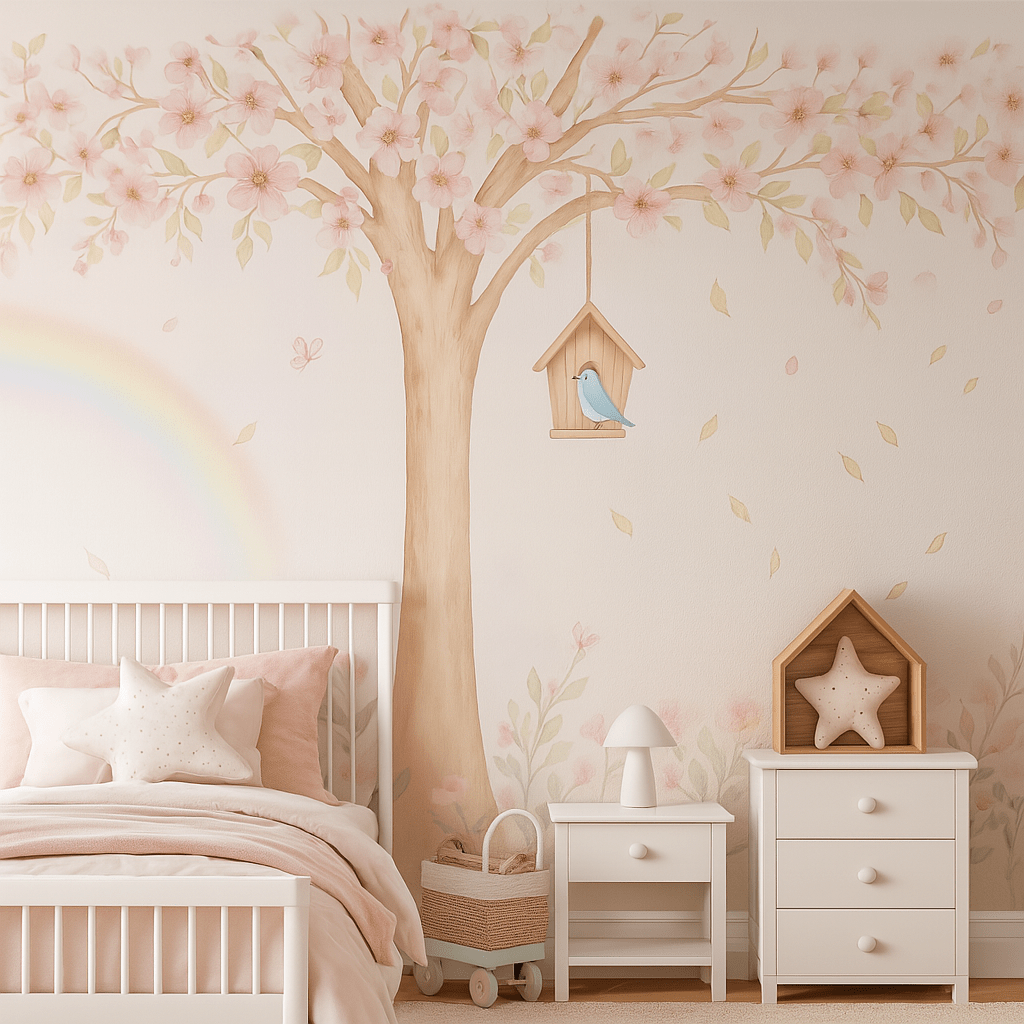 PAPEL PAREDE ARVORE COM ARCOIRIS E BORBOLETAS FLORES