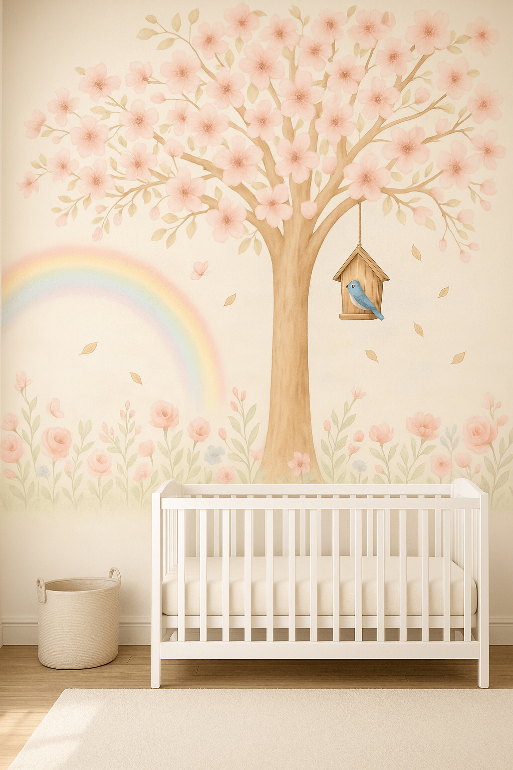 PAPEL PAREDE ARVORE COM ARCOIRIS E BORBOLETAS FLORES