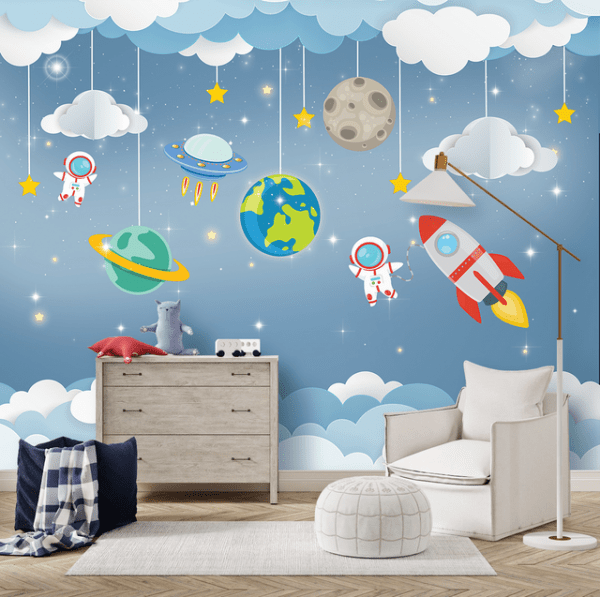 PAPEL PAREDE ASTRONAUTAS NAS NUVENS E PLANETAS