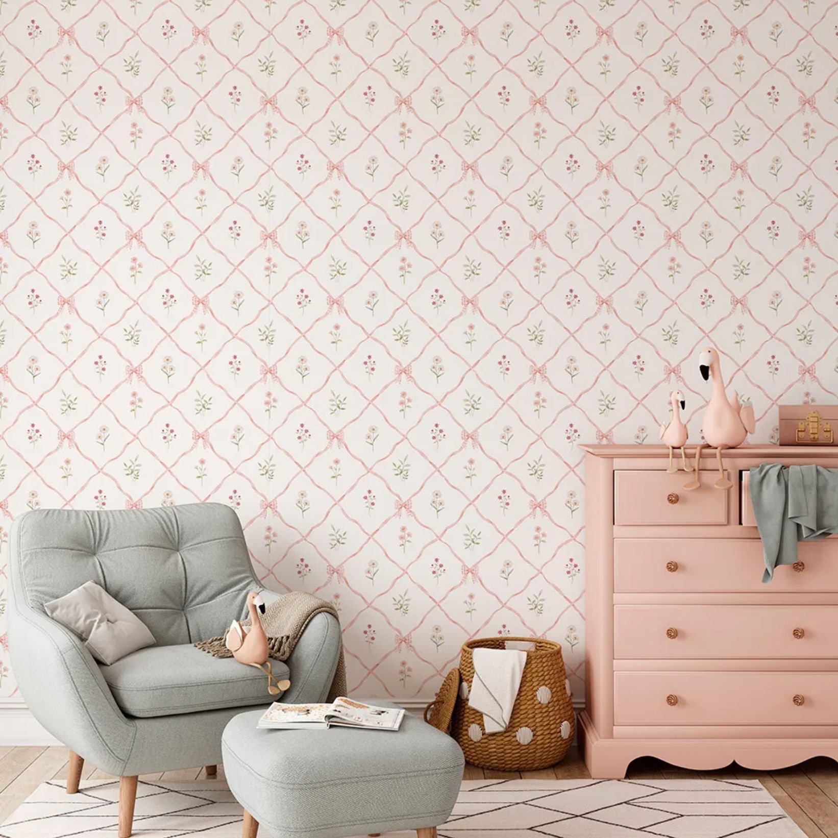 PAPEL PAREDE LAÇOS COM FLORES AQUARELA