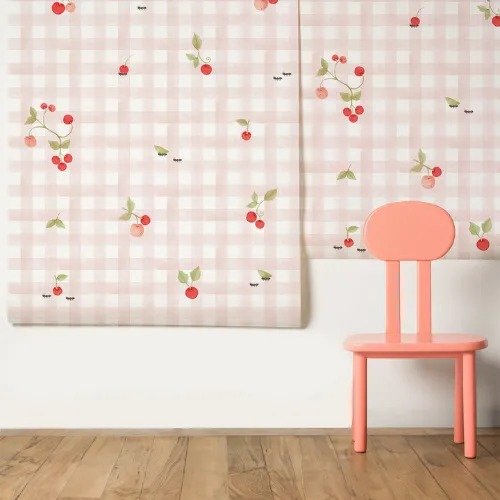 PAPEL PAREDE XADREZ VICHY ROSA COM CEREJAS AQUARELA