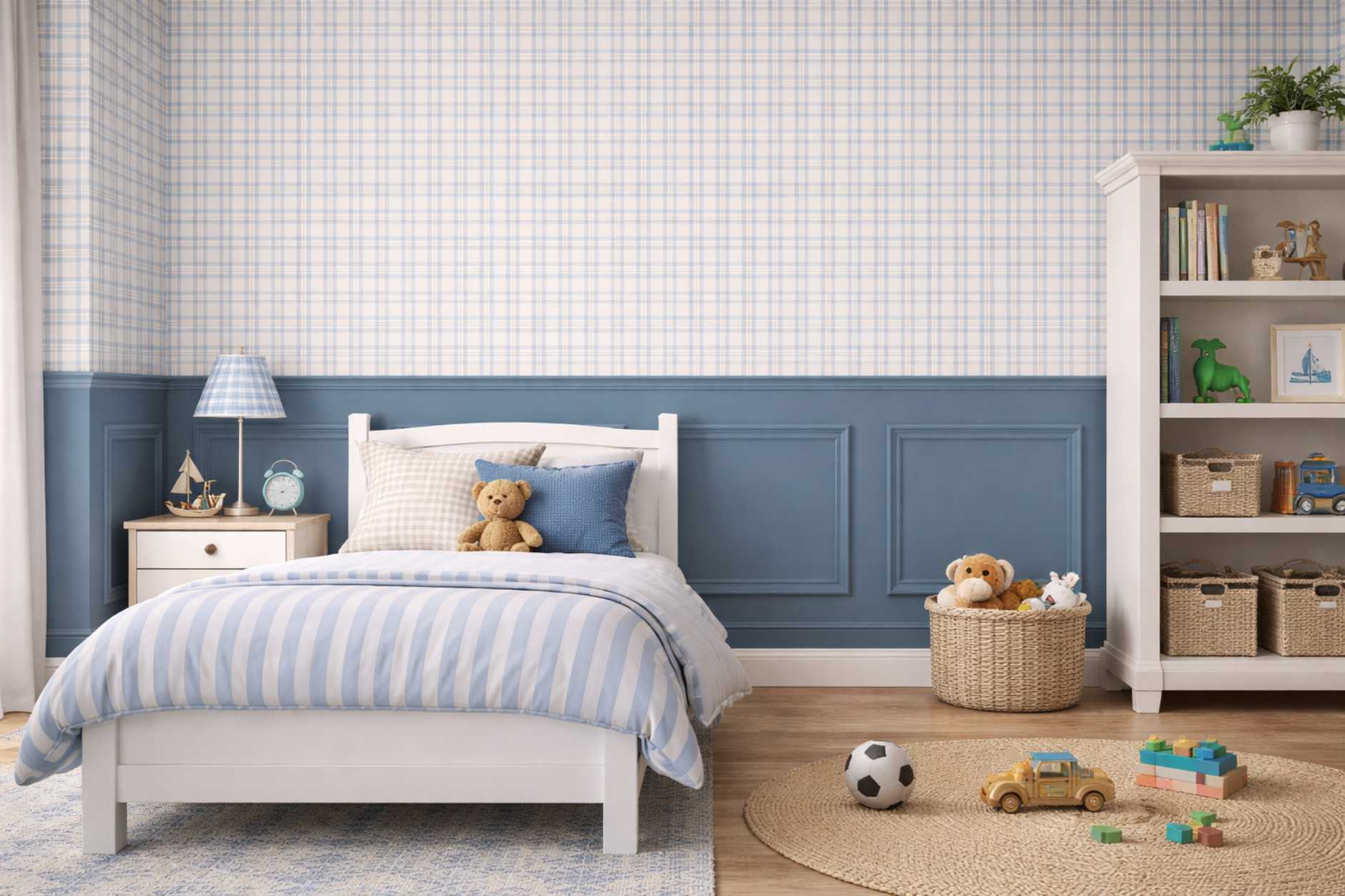 PAPEL PAREDE XADREZ AZUL COM BEGE E PARTE DE BAIXO  AZUL COM boiserie