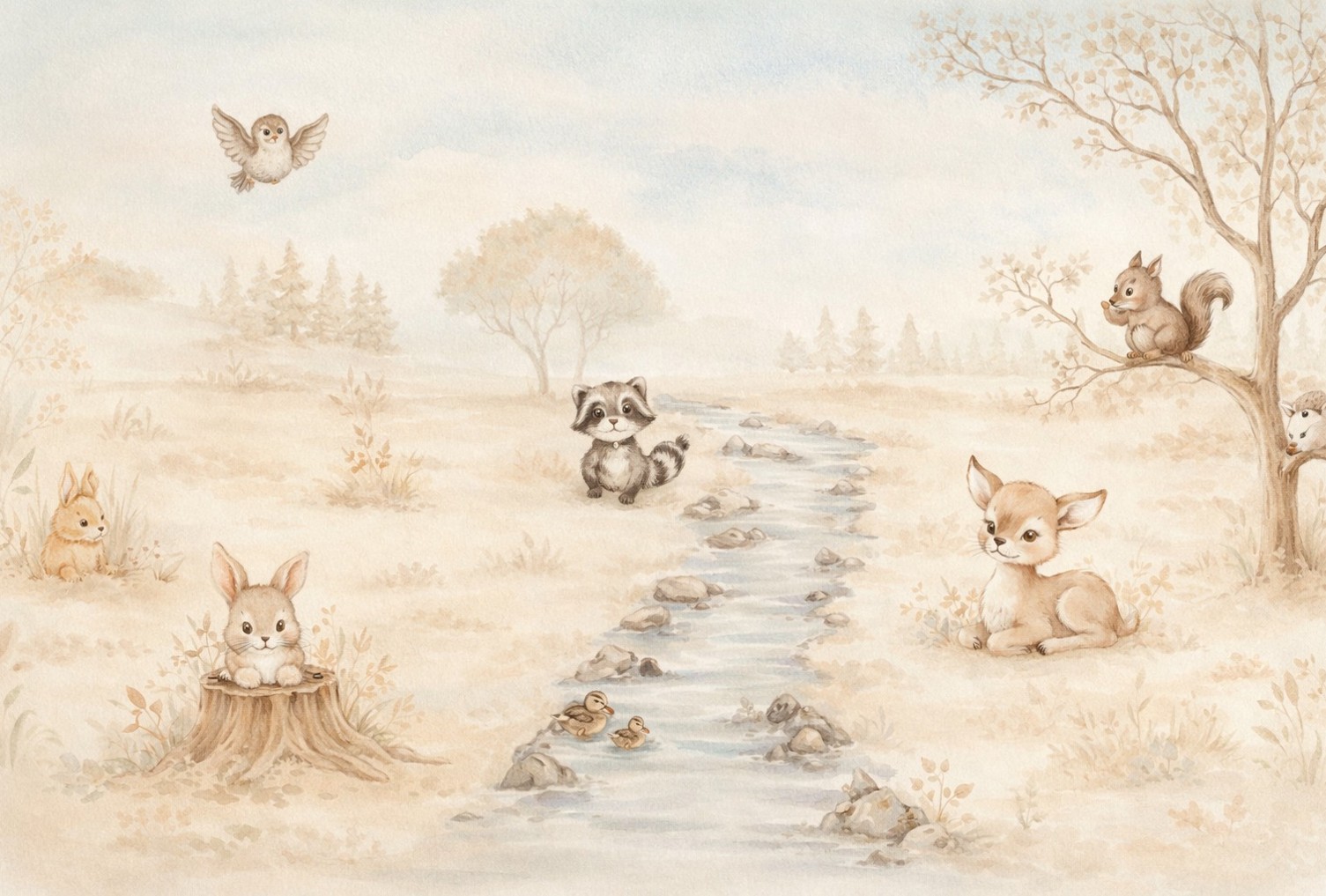 PAPEL DE PAREDE FLORESTA COM ANIMAIS AQUARELA
