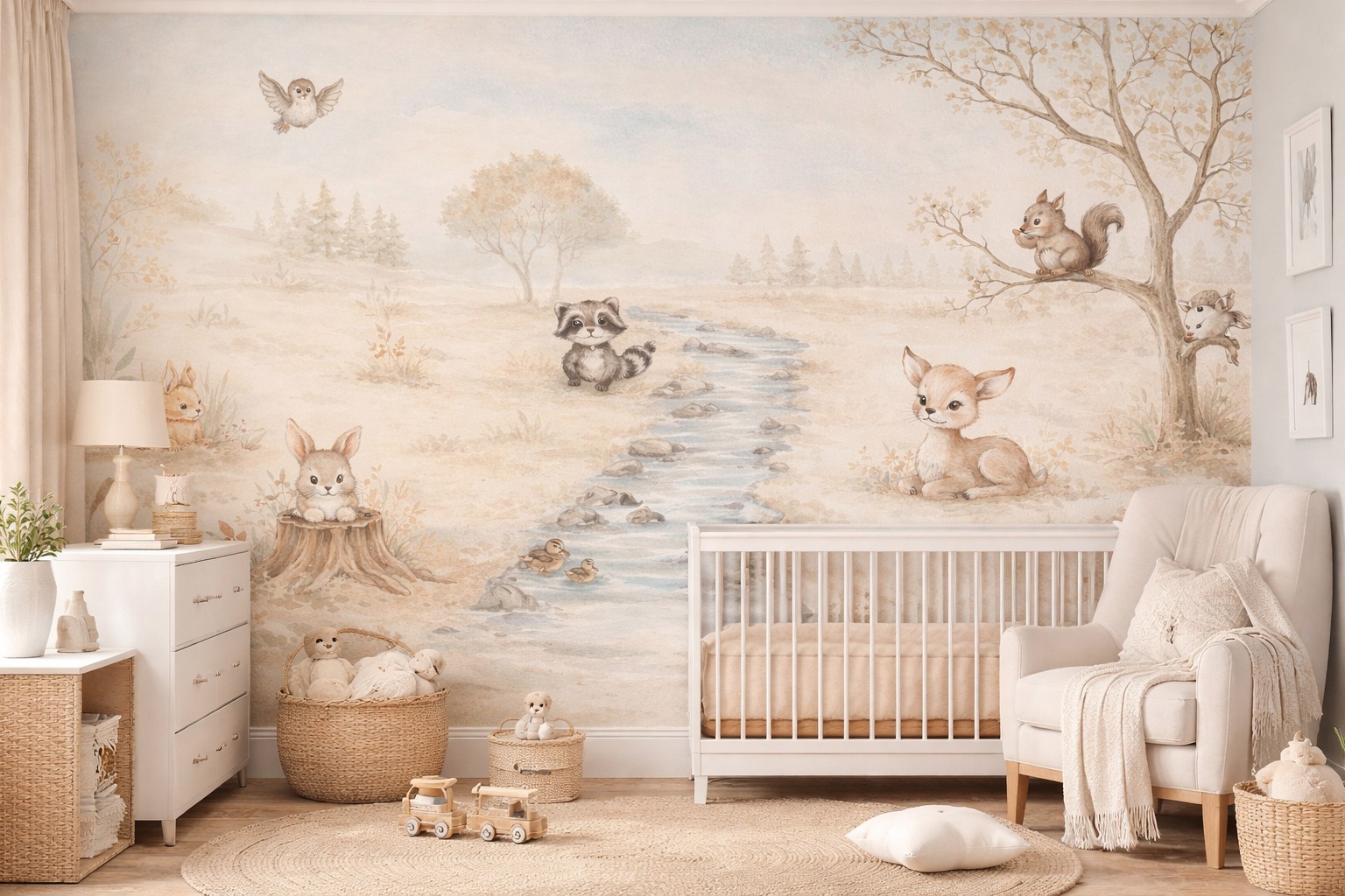 PAPEL DE PAREDE FLORESTA COM ANIMAIS AQUARELA