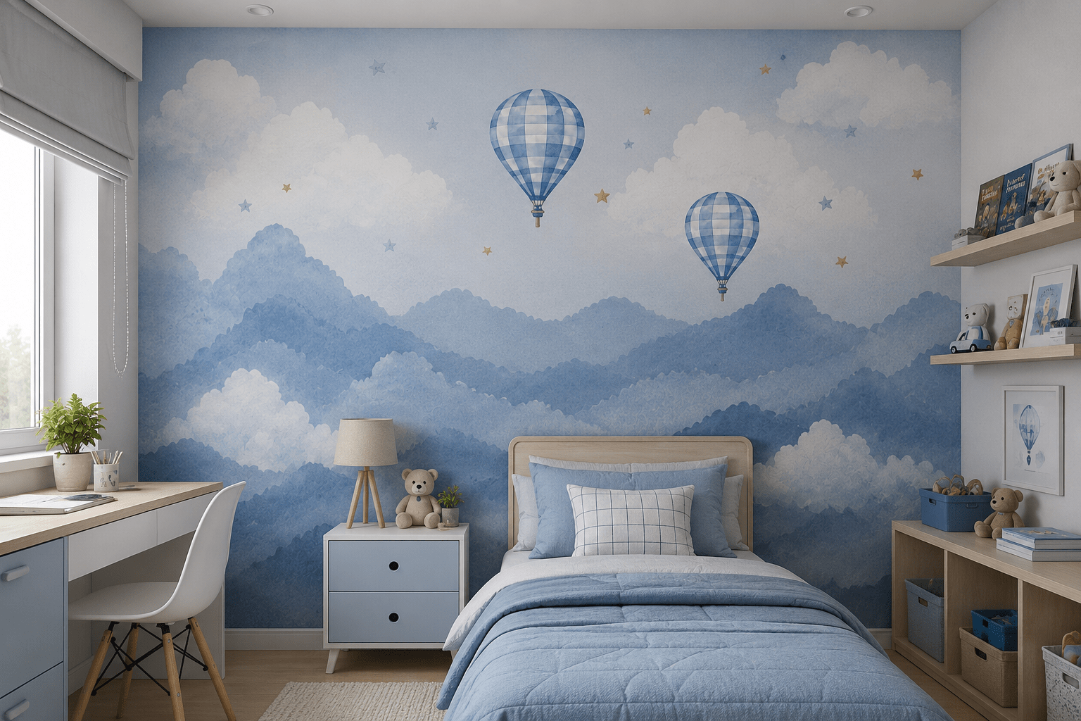 PAPEL DE PAREDE MONTANHAS COM BALOES (AZUL / ROSA )
