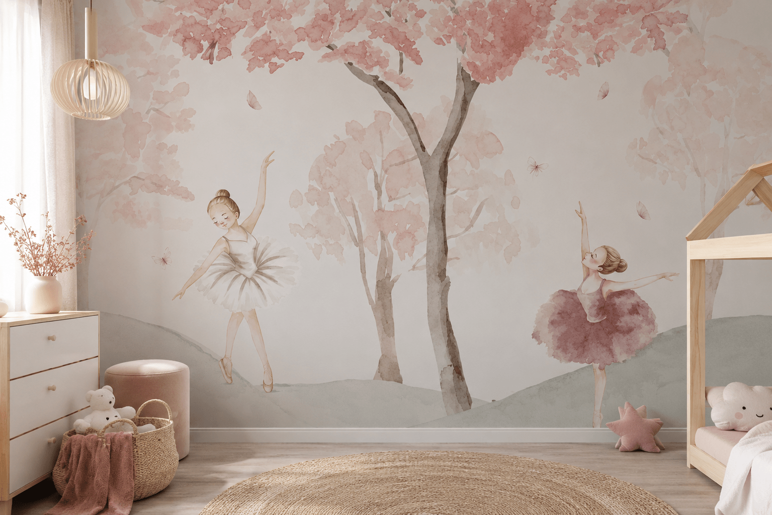 PAPEL DE PAREDE BAILARINAS AQUARELA NA FLORESTA