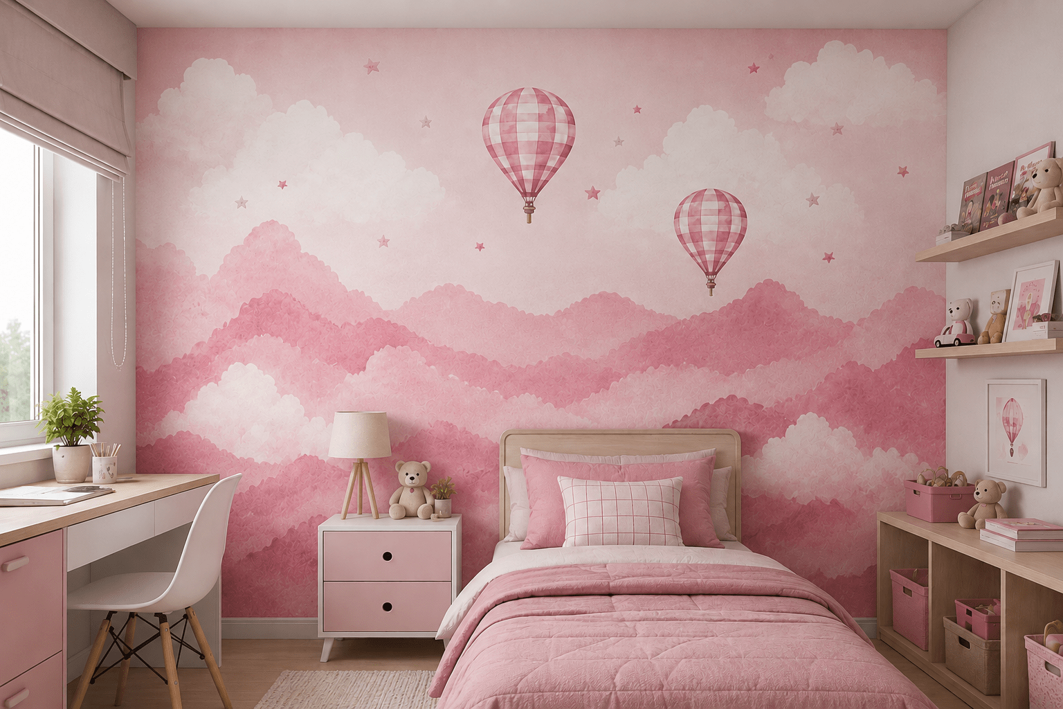 PAPEL DE PAREDE MONTANHAS COM BALOES (AZUL / ROSA )