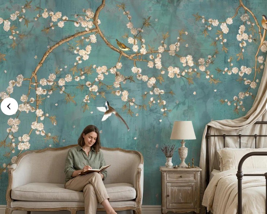 PAPEL DE PAREDE VERDE GALHOS FLORES PASSAROS AQUARELADO