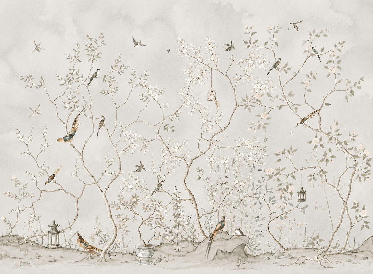 PAPEL DE PAREDE FLORAL VINTAGEM COM PASSAROS GALHOS