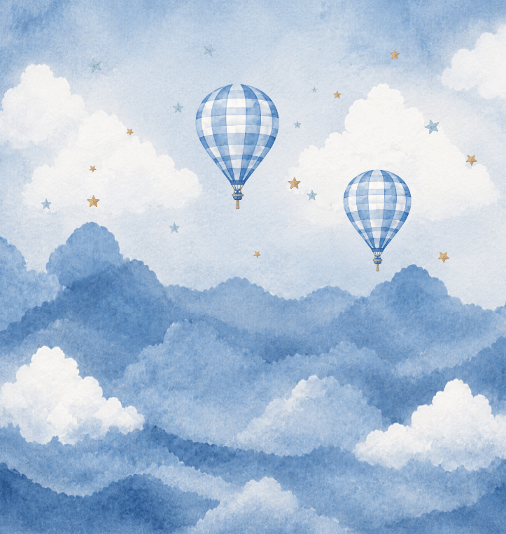 PAPEL DE PAREDE MONTANHAS COM BALOES (AZUL / ROSA )