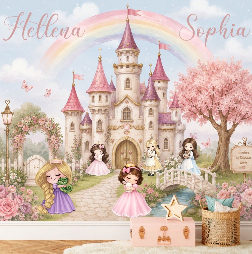 PAPEL DE PAREDE CASTELO COM PRINCESAS INFANTIL