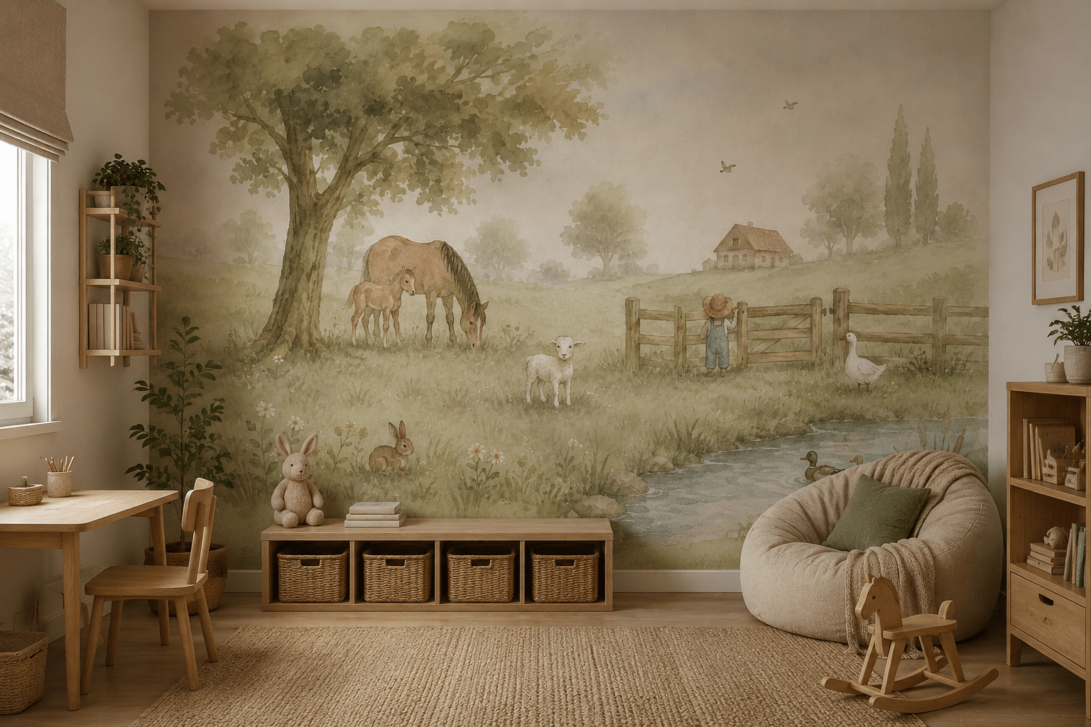 PAPEL DE PAREDE FAZENDA AQUARELA COM CAVALO